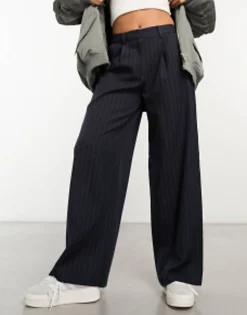 Trousers & Leggings*DESIGN Wide Leg Dad Trouser In Navy Pinstripe