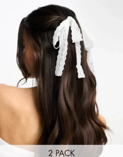 Hair Accessories*DesignB London Broderie Hair Ribbons In White