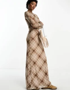 Skirts*Emory Park Checked Mesh Maxi Column Skirt In Brown Brown Check
