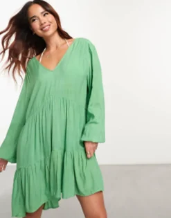 Swimwear & Beachwear*Esmée Esmee Exclusive Beach Tiered Smock Mini Summer Dress In Sage Green