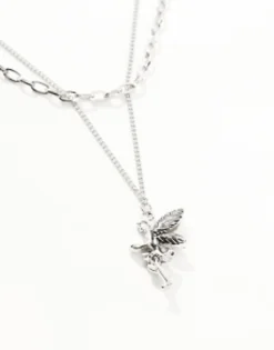 Gifts*FADED FUTURE Layered Necklace With Cherub Pendant In Silver
