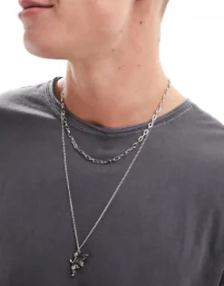 Gifts*FADED FUTURE Layered Necklace With Cherub Pendant In Silver