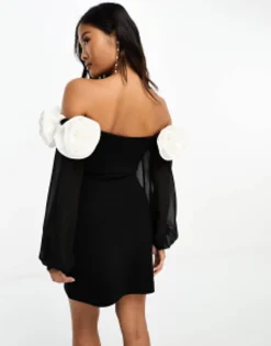 Petite*Forever New Petite Rosette Mini Dress With Sheer Sleeves In Monochrome Black/White