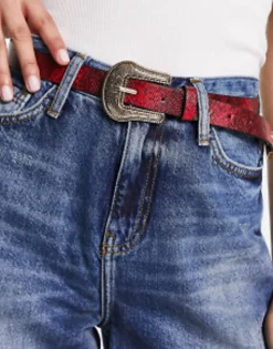 Belts*Glamorous Western Buckle Detail Belt In Dark Red Burgundy