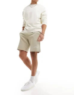 Shorts*Good For Nothing Acid Wash Jersey Shorts In With Logo Print Beige