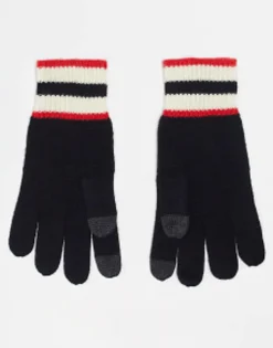 Gloves*Hunter Logo Knitted Gloves In Black With Stripe Red