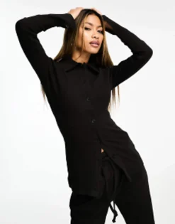 Shirts*In The Style Ribbed Button Through Shirt And Wide Leg Trouser Co-Ord In Black