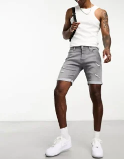 Shorts*Jack & Jones Intelligence Denim Shorts In Slim Fit With Rips In Grey Grey Denim