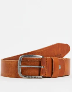 Belts*Jack & Jones Smooth Leather Belt With Logo Buckle In Brown Mocha Bisque