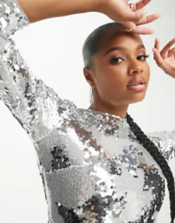 Petite*Jaded Rose Petite Three Quarter Sleeve Bodycon Mini Dress In Liquid Sequin Silver