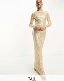 Tall*Jaded Rose Tall Long Sleeve Sequin Maxi Dress In Gold