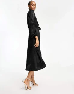 Tall*JDY Tall Puff Sleeve Wrap Jacquard Midi Dress In Zebra Black