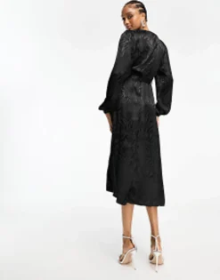 Tall*JDY Tall Puff Sleeve Wrap Jacquard Midi Dress In Zebra Black