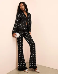Suits & Tailoring*LUXE Embellished Boucle Blazer And Trouser With Faux Feather Hem Black & Si
