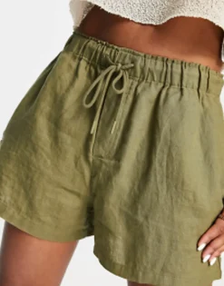 Shorts*Mango Tie Up Detail Linen Shorts In Khaki