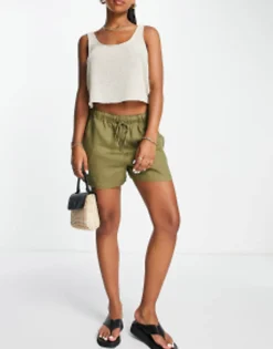 Shorts*Mango Tie Up Detail Linen Shorts In Khaki