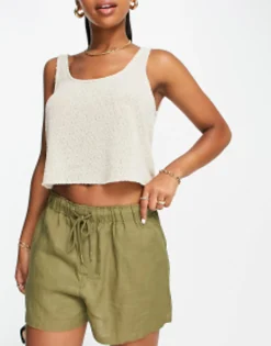 Shorts*Mango Tie Up Detail Linen Shorts In Khaki