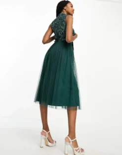 Tall*Maya Tall Bridesmaid High Neck Delicate Sequin Midi Dress In Emerald Emerald Green