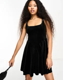 Petite*Miss Selfridge Petite Velvet Corset Mini Dress In Black