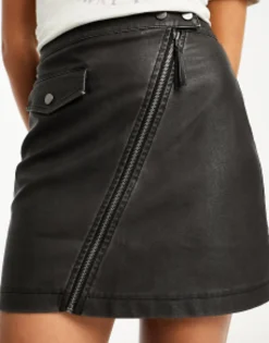 Skirts*Miss Selfridge Washed Faux Leather Asym Zip Detail Mini Skirt In Black