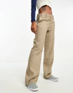 Trousers & Leggings*Monki Low Rise Straight Leg Trousers In Taupe Melange