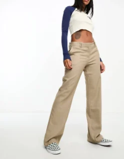 Trousers & Leggings*Monki Low Rise Straight Leg Trousers In Taupe Melange