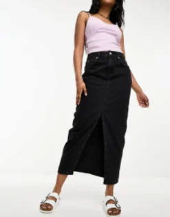 Skirts*New Look Split Front Denim Maxi Skirt In Wash Black