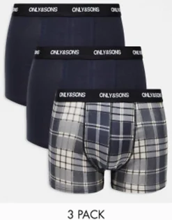 Underwear*ONLY & SONS 3 Pack Trunks In Navy Check Dark Navy