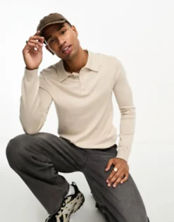 Polo Shirts*ONLY & SONS Longsleeve Knitted Polo In Beige Silver Lining