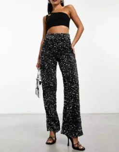 Trousers & Leggings*Pieces Velour & Sequin Wide Leg Trousers In Grey
