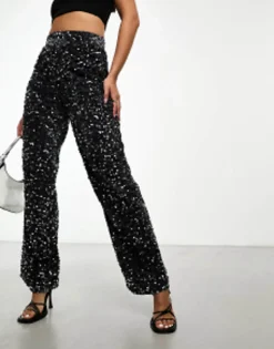 Trousers & Leggings*Pieces Velour & Sequin Wide Leg Trousers In Grey