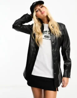 Shirts*Pimkie Leather Look Belted Shirt Jacket In Black
