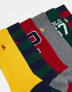 Socks*Polo Ralph Lauren 6 Pack Sport Socks With Pony Logo In Grey Red With Logo Navy