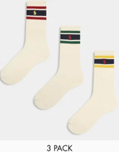 Socks*Polo Ralph Lauren 3 Pack Sport Socks With Logo Stripe In Cream