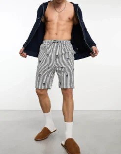 Shorts*Polo Ralph Lauren Lounge Woven Pyjama Shorts In Navy Stripe With All Over Bear Logo Navy Stripe Bear