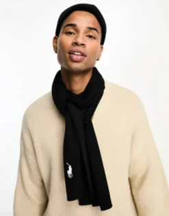 Scarves*Polo Ralph Lauren Ribbed Pima Cotton Scarf In Black With Logo Polo Black/Cream Pp