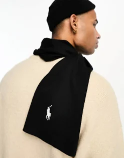 Scarves*Polo Ralph Lauren Ribbed Pima Cotton Scarf In Black With Logo Polo Black/Cream Pp
