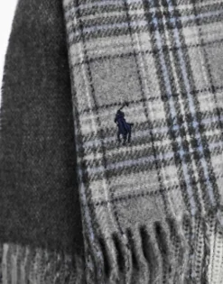 Scarves*Polo Ralph Lauren Wool Scarf In Red Blue Check With Pony Logo Grey Plaid