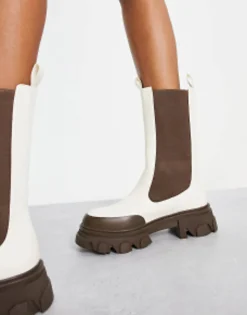 Chelsea Boots*Public Desire Exclusive Kira Calf Length Chelsea Boots With Contrast Sole In Off White