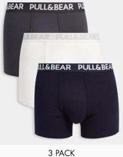 Underwear*Pull&Bear 3 Pack Boxers In White, Grey And Navy Multi