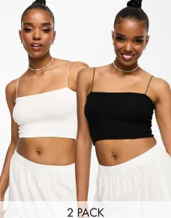 Multipacks*Pull&Bear 2 Pack Strappy Ribbed Tube Crop Top In White Black