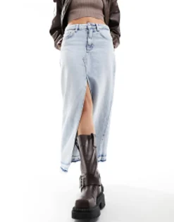 Skirts*Pull&Bear Denim Midi Skirt With Split Front In Bleached Wash Light Blue