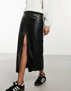 Skirts*Pull&Bear Faux Leather Split Front Midi Skirt In Black