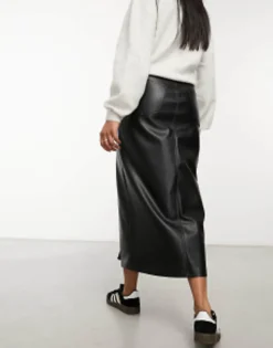 Skirts*Pull&Bear Faux Leather Split Front Midi Skirt In Black