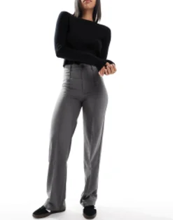 Trousers & Leggings*Pull&Bear High Waisted Seam Front Tailored Straight Leg Trouser In Grey