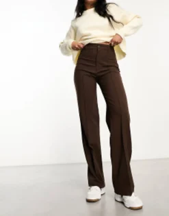 Suits & Tailoring*Pull&Bear High Waisted Tailored Straight Leg Trouser With Front Seam In Chocolate Brown