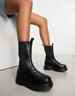 Chelsea Boots*Raid Adalee Stitch Detail Calf Length Boots In Black