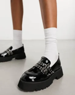 Loafers*Raid Mitali Chunky Loafer With Hardware In Black Black Patent
