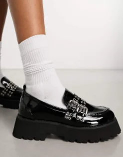 Loafers*Raid Mitali Chunky Loafer With Hardware In Black Black Patent