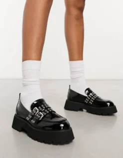 Loafers*Raid Mitali Chunky Loafer With Hardware In Black Black Patent